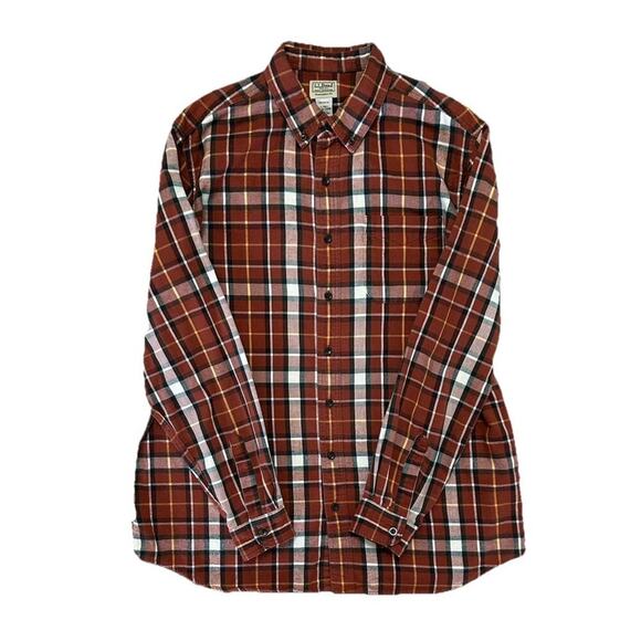 LL Bean Cotton Mens Flannel Button Up Long Sleeve Shirt Orange Plaid XL Tall - Picture 3 of 6